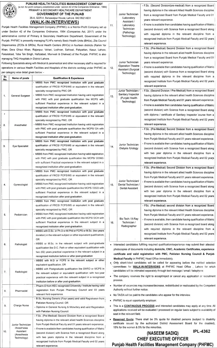 Interview In Punjab Health Facilities Management Company – Punjab Health Facilities Management Company PHFMC Jobs 2022 — original advertisement