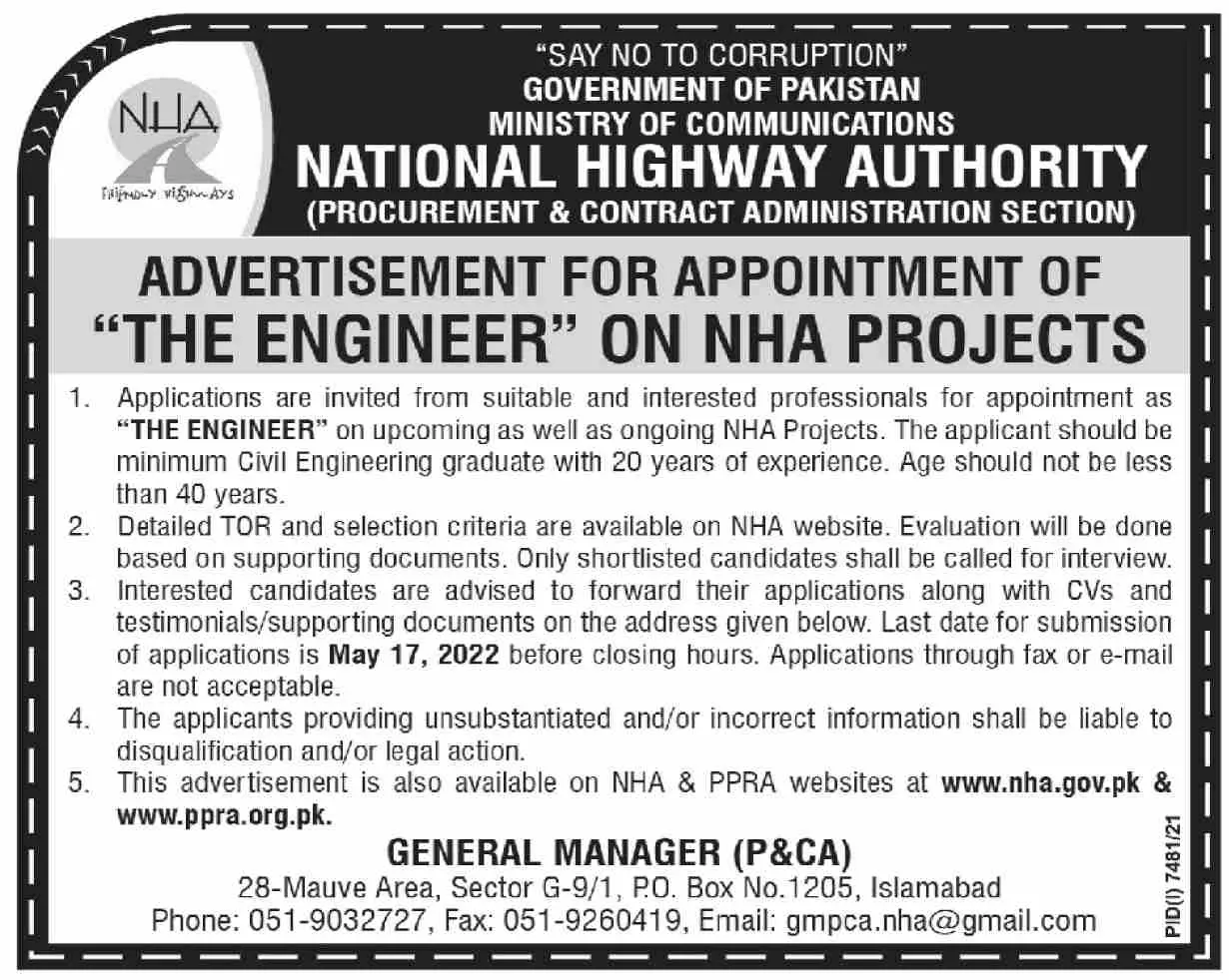 Jobs In National Highway Authority Islamabad Jobs 2022 — original advertisement