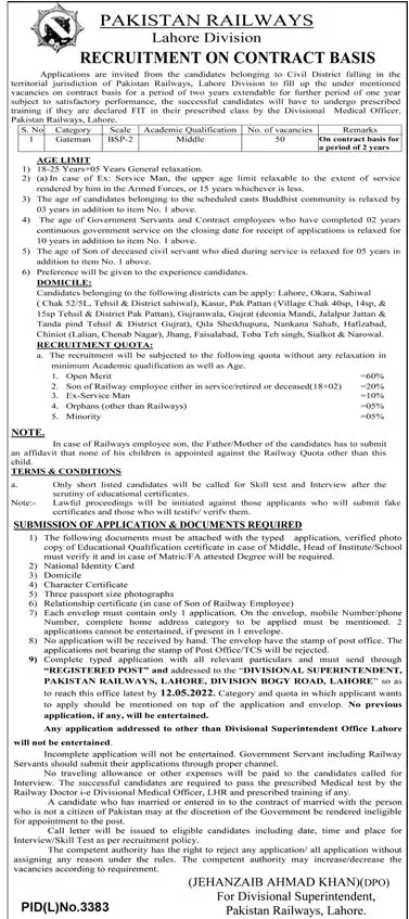 Pakistan Railways Lahore Jobs 2022 – Ministry of Railways Islamabad Jobs 2022 — original advertisement