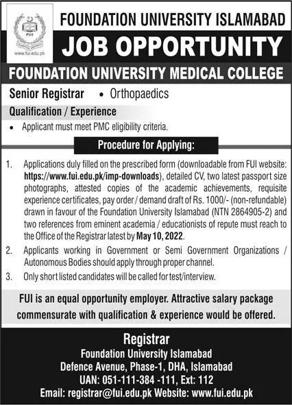 Jobs In Foundation University islamabad Jobs 2022 — original advertisement
