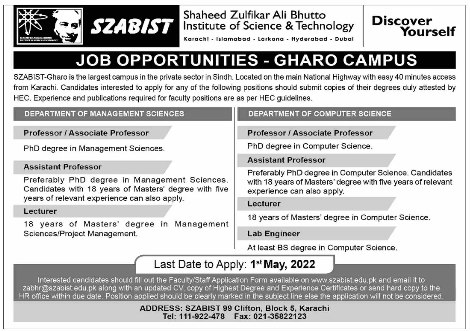 jobs in Shaheed Zulfikar Ali Bhutto Institute of Science – Public Sector Organization Jobs 2022 — original advertisement