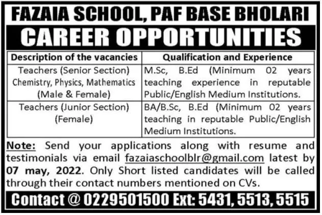 Jobs In Fazaia School paf Base Bholari – Fazaia Schools & Colleges Jobs 2022 — original advertisement