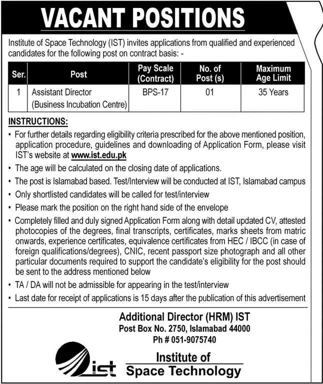 Jobs In Institute of Space ITS Islamabad – Institute of Space Technology ITS Islamabad Jobs 2022 — original advertisement