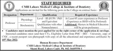 CMH Lahore Medical College And  Institute of Dentistry Jobs – Labour & Human Resource Department Punjab Jobs 2022 — original advertisement