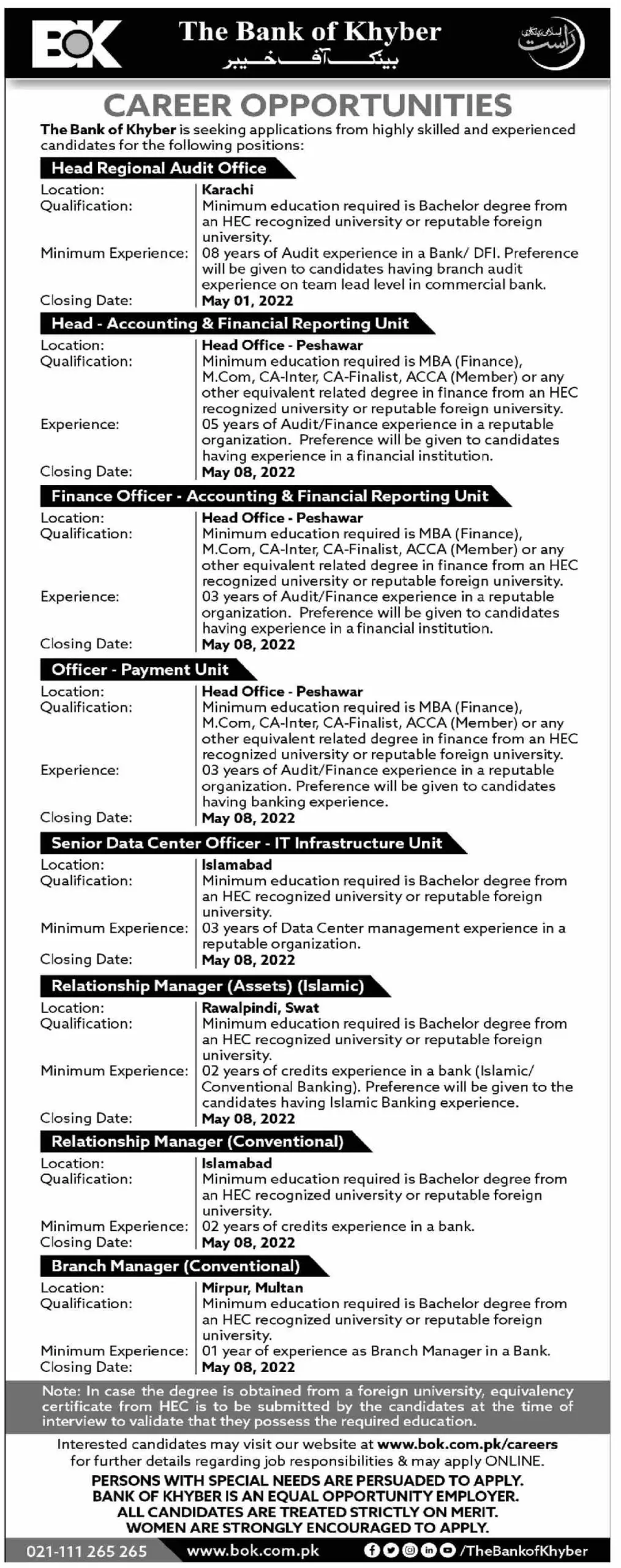 Jobs In  Bank of Khyber BOK Jobs 2022 — original advertisement