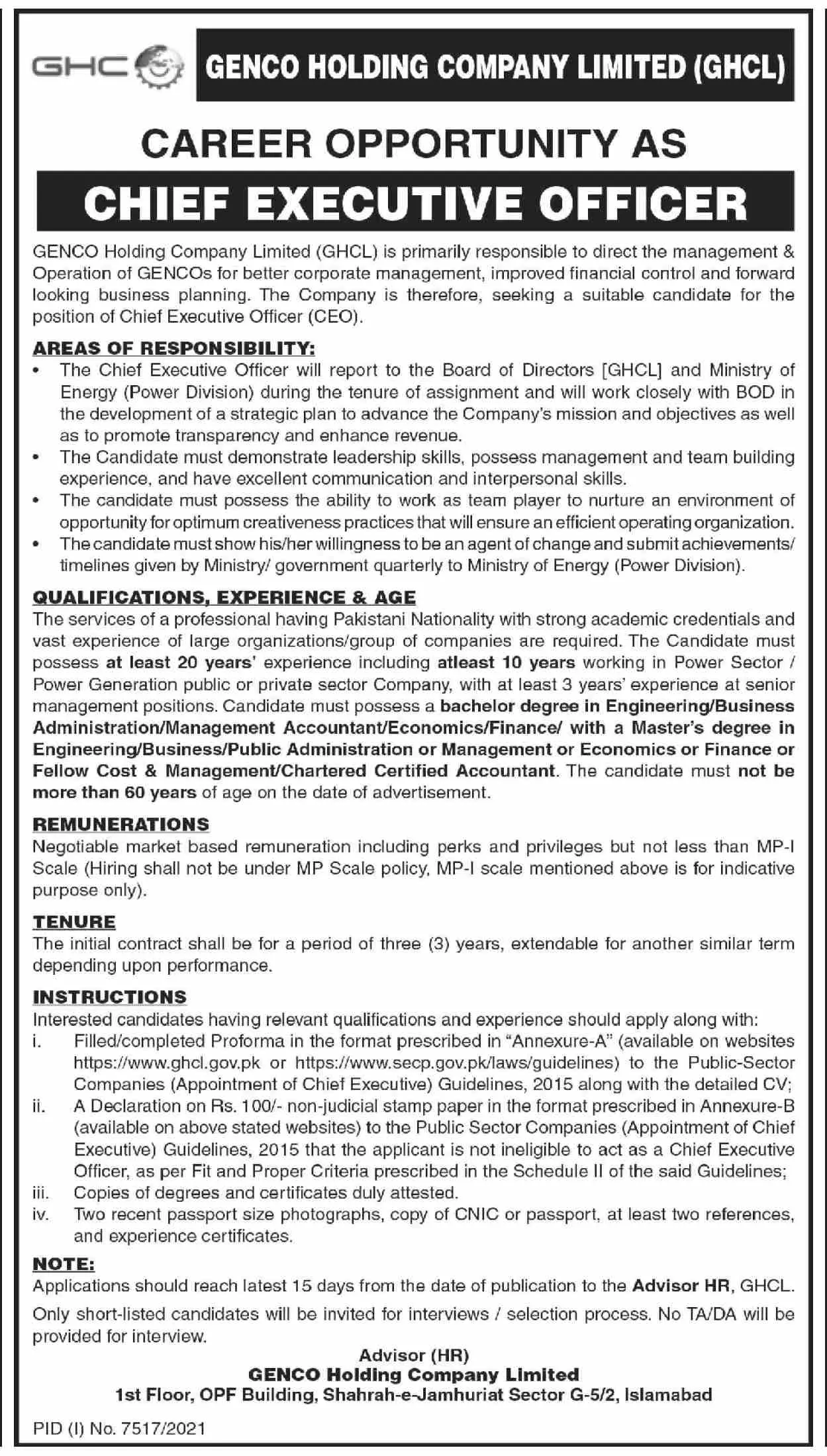 Genco Holding Company Limited (GHCL) Jobs Jobs 2022 — original advertisement