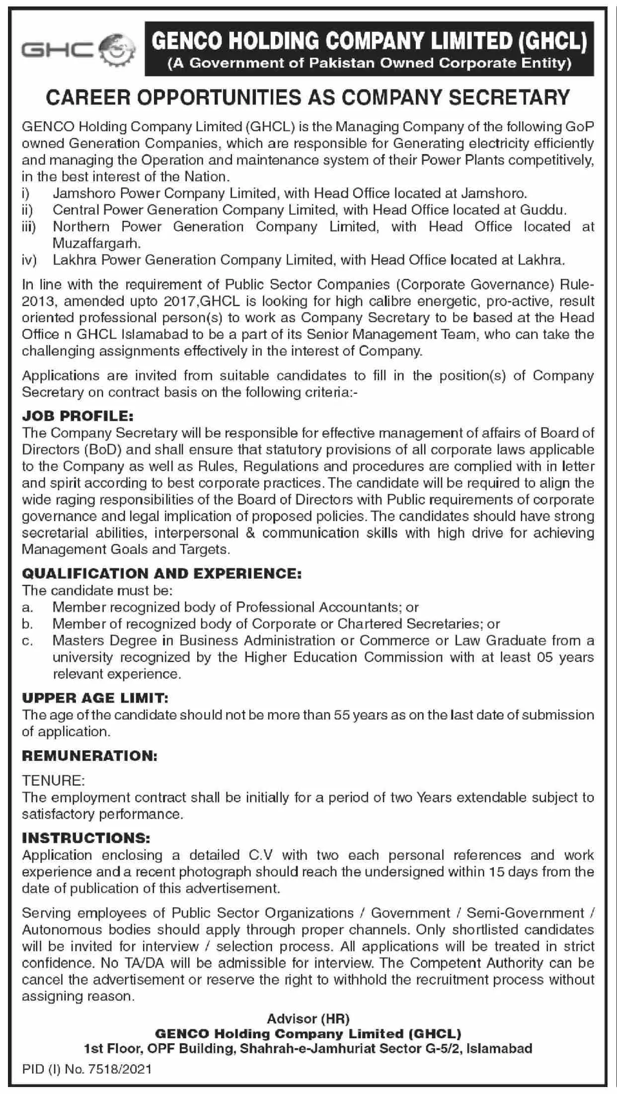 Jobs In Genco Holding Company Limited (GHCL) Jobs 2022 — original advertisement