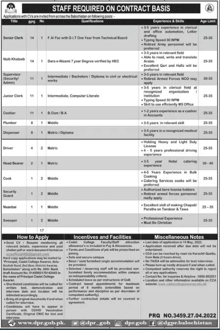 Jobs in Cadet College Awaran Balochistan – Bahria Foundation Jobs 2022 — original advertisement