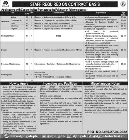 Jobs in Cadet College Awaran Balochistan – Bahria Foundation Jobs 2022 — original advertisement