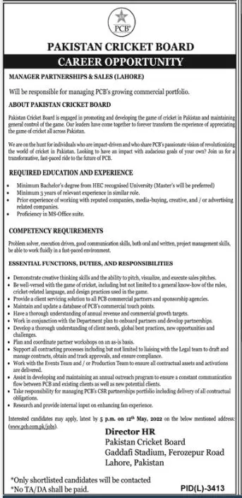 Jobs In Pakistan Cricket Board (PCB) Jobs 2022 — original advertisement