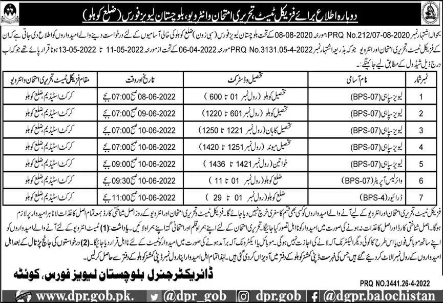 Balochistan Levies Force Kohlu  scheduled test interview Jobs 2022 — original advertisement