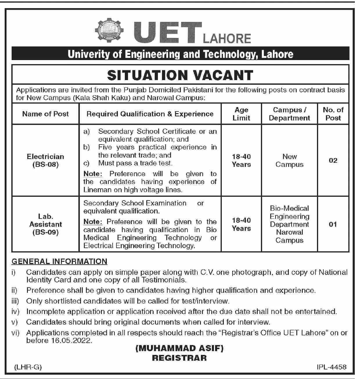 Jobs In University of Engineering and Technology Lahore – University of Engineering  & Technology Lahore Jobs 2022 — original advertisement