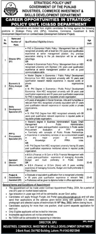 Jobs In Industries commerce and investment department Punjab – Govt of Punjab Jobs 2022 — original advertisement