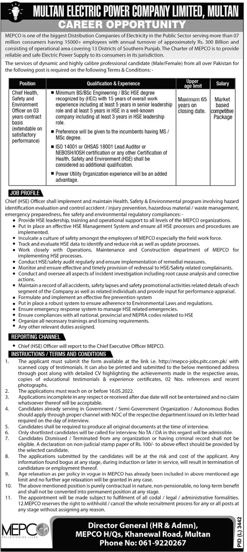 Jobs In Multan Electric Power Company Limited Jobs 2022 — original advertisement