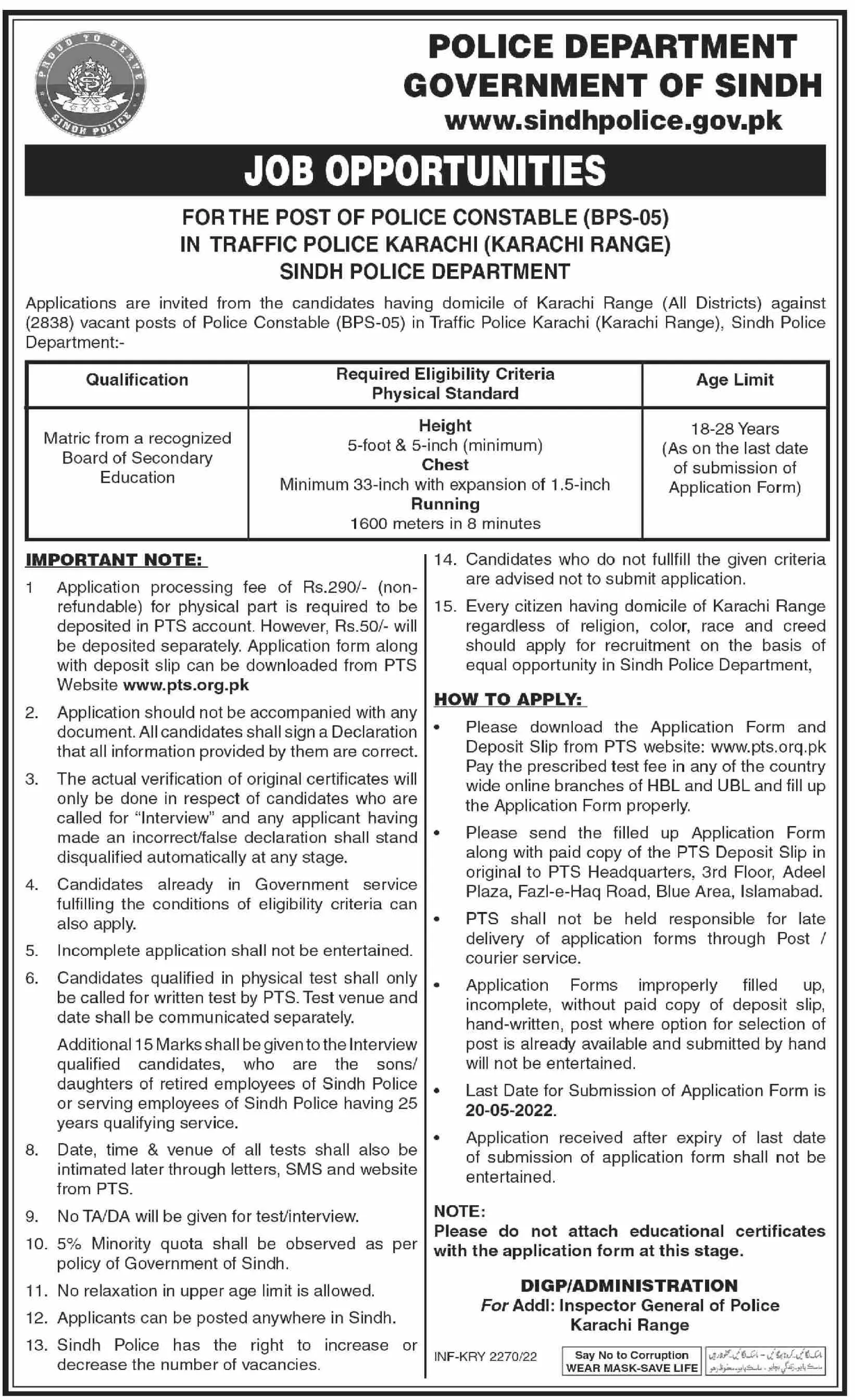 Jobs In Police Department Sindh Jobs Jobs 2022 — original advertisement