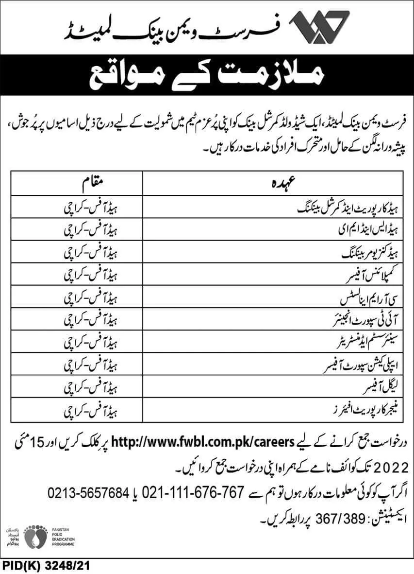 First Women Bank of Pakistan Latest Jobs – First Women Bank LTD Jobs 2022 — original advertisement