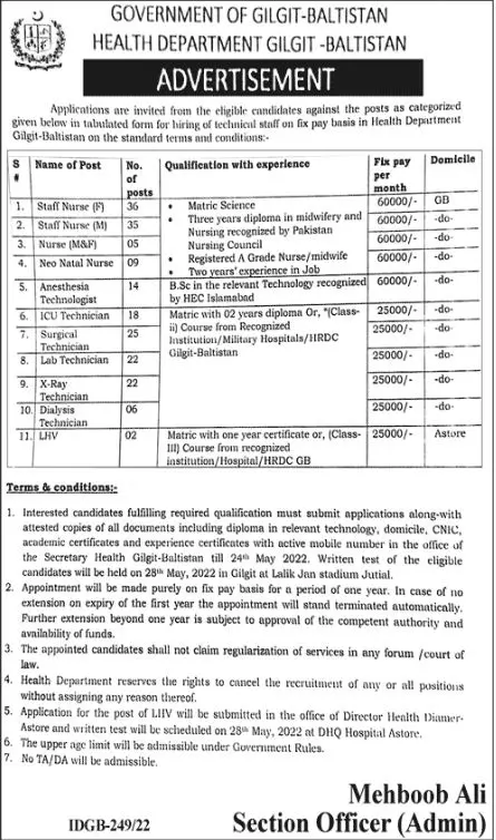 Jobs In Health Department Gilgitbaltistan Jobs 2022 — original advertisement