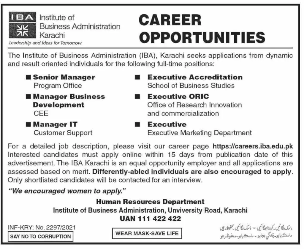 Jobs In Institute Of Business Administration Karachi IBA – IBA Karachi Jobs 2022 — original advertisement