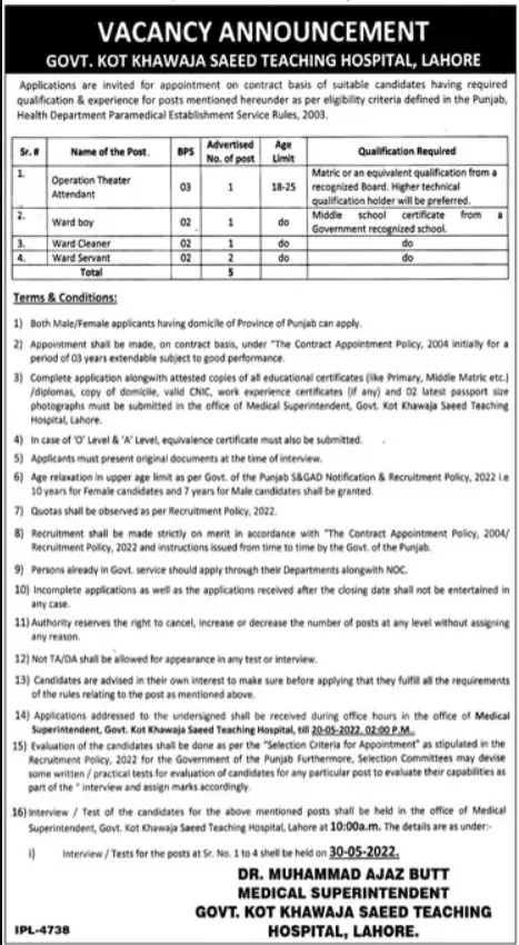 Jobs In Govt Teaching Hospital Kot Khawaja Saeed Lahore Jobs 2022 — original advertisement