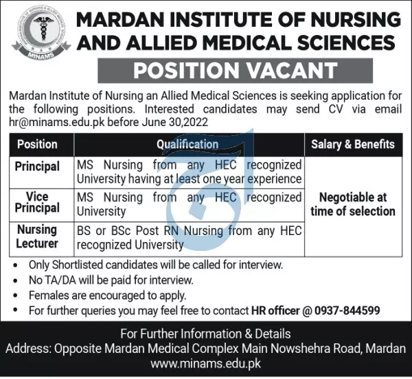 Mardan Institute of Nursing and Allied Medical Sciences Jobs Jobs 2022 — original advertisement