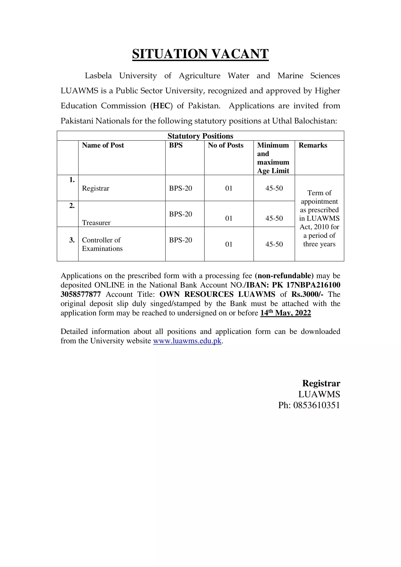 Jobs In Lasbela University of Agriculture & Marine Sciences – Lasbela University of Agriculture, Water & Marine Sciences (LUAWMS) Uthal Jobs 2022 — original advertisement