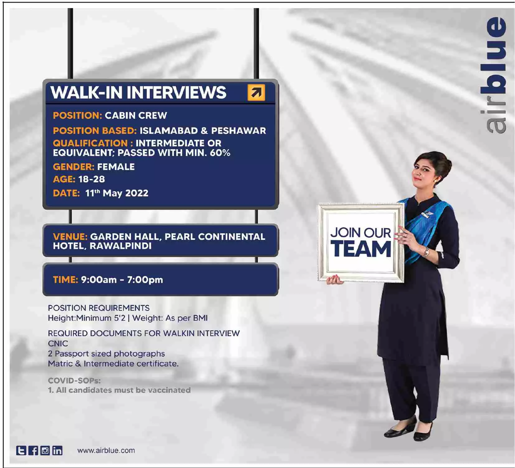 walk In Interviews in Air Blue Jobs 2022 — original advertisement