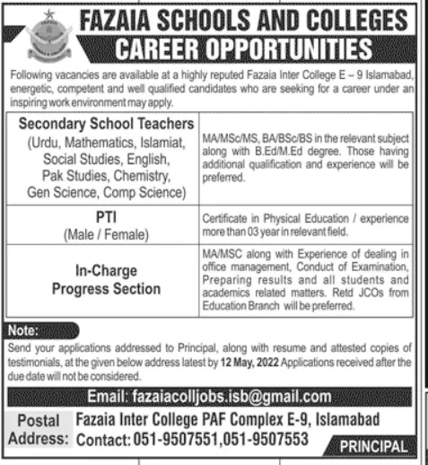 Jobs In Fazaia School And Colleges – Fazaia Schools & Colleges Jobs 2022 — original advertisement