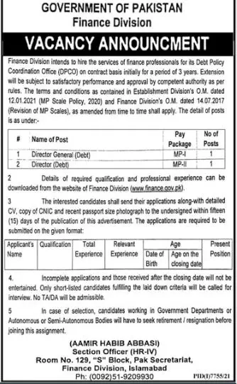 Jobs In Finance Division Islamabad – Ministry of Finance Islamabad Jobs 2022 — original advertisement