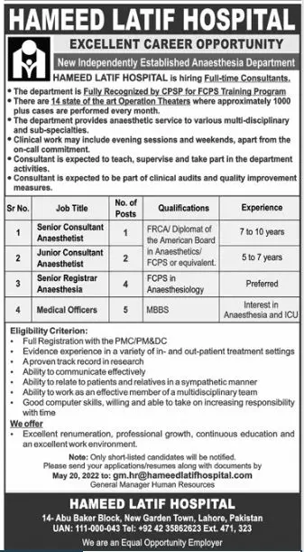Jobs In Hameed Latif Hospital Lahore Jobs 2022 — original advertisement