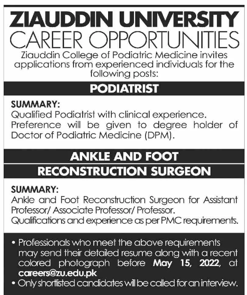 Jobs In Ziauddin University Jobs 2022 — original advertisement