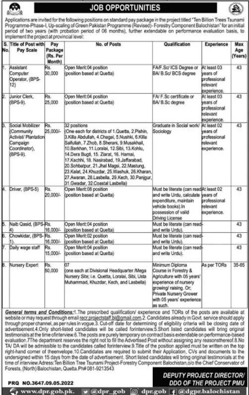 Ten Billion Trees Tsunami Programme Balochistan Jobs 2022 – Forest and Wildlife Department Balochsitan Jobs 2022 — original advertisement
