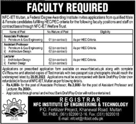 Jobs In NFC Institute of Engineering & Technology Multan Jobs 2022 — original advertisement