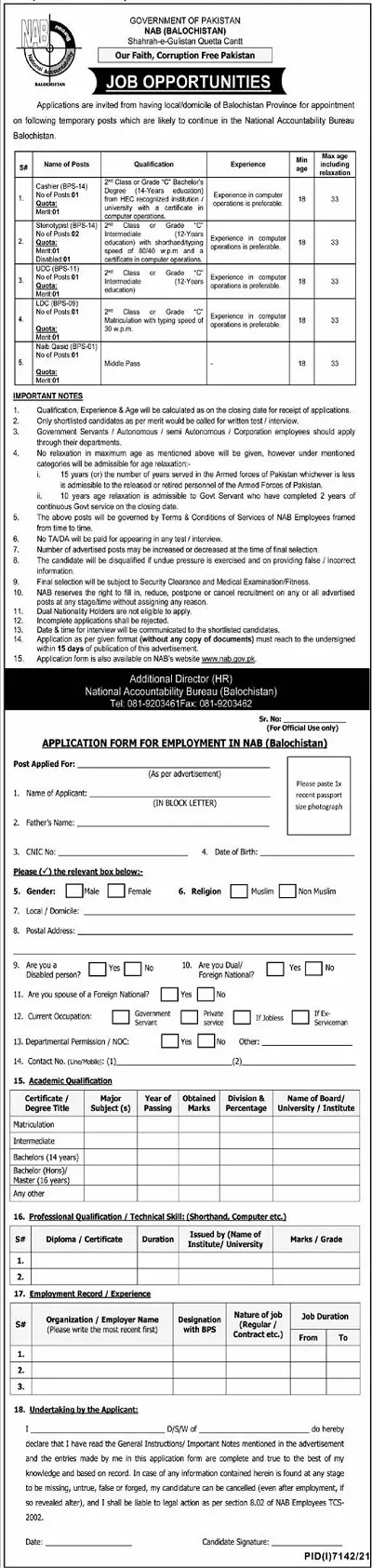 Jobs In National Accountability Bureau Balochistan – National Accountability Bureau (NAB) Jobs 2022 — original advertisement