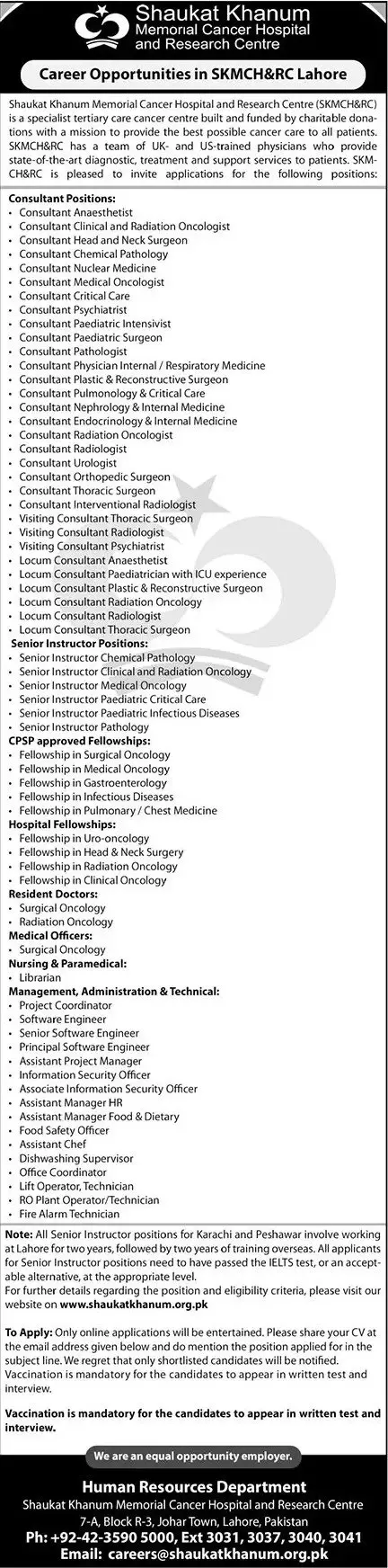 Jobs In Shaukat Khanum Hospital Lahore – Shaukat Khanum Memorial Cancer Hospital and Research Centre Jobs 2022 — original advertisement