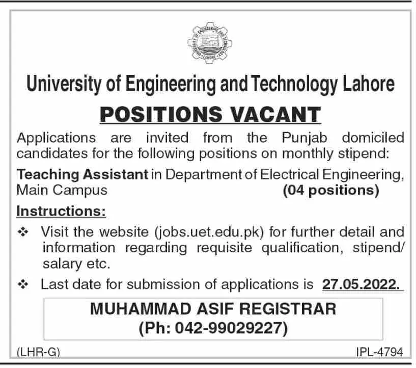 Jobs In University of Engineering And Technology Lahore – University of Engineering  & Technology Lahore Jobs 2022 — original advertisement