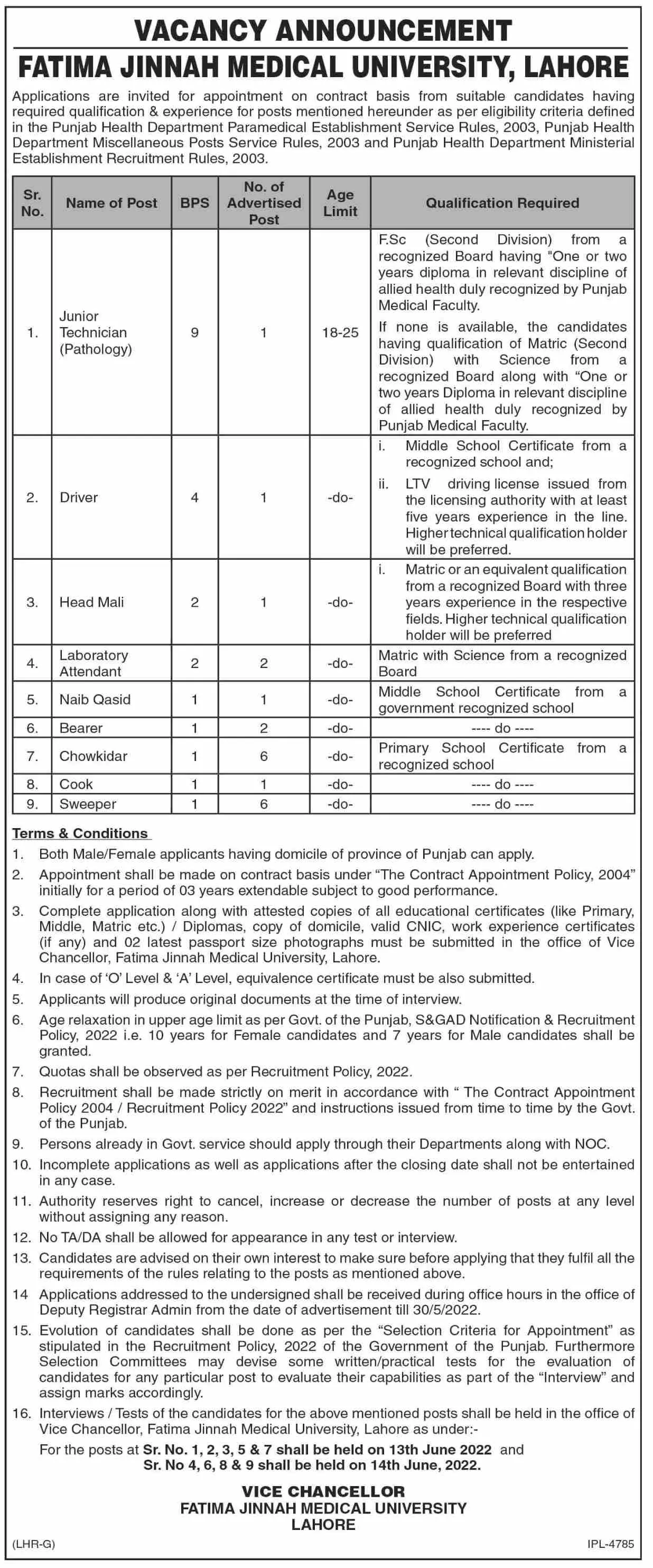 Jobs In Fatima Jinnah Medical University Lahore Punjab Jobs 2022 — original advertisement