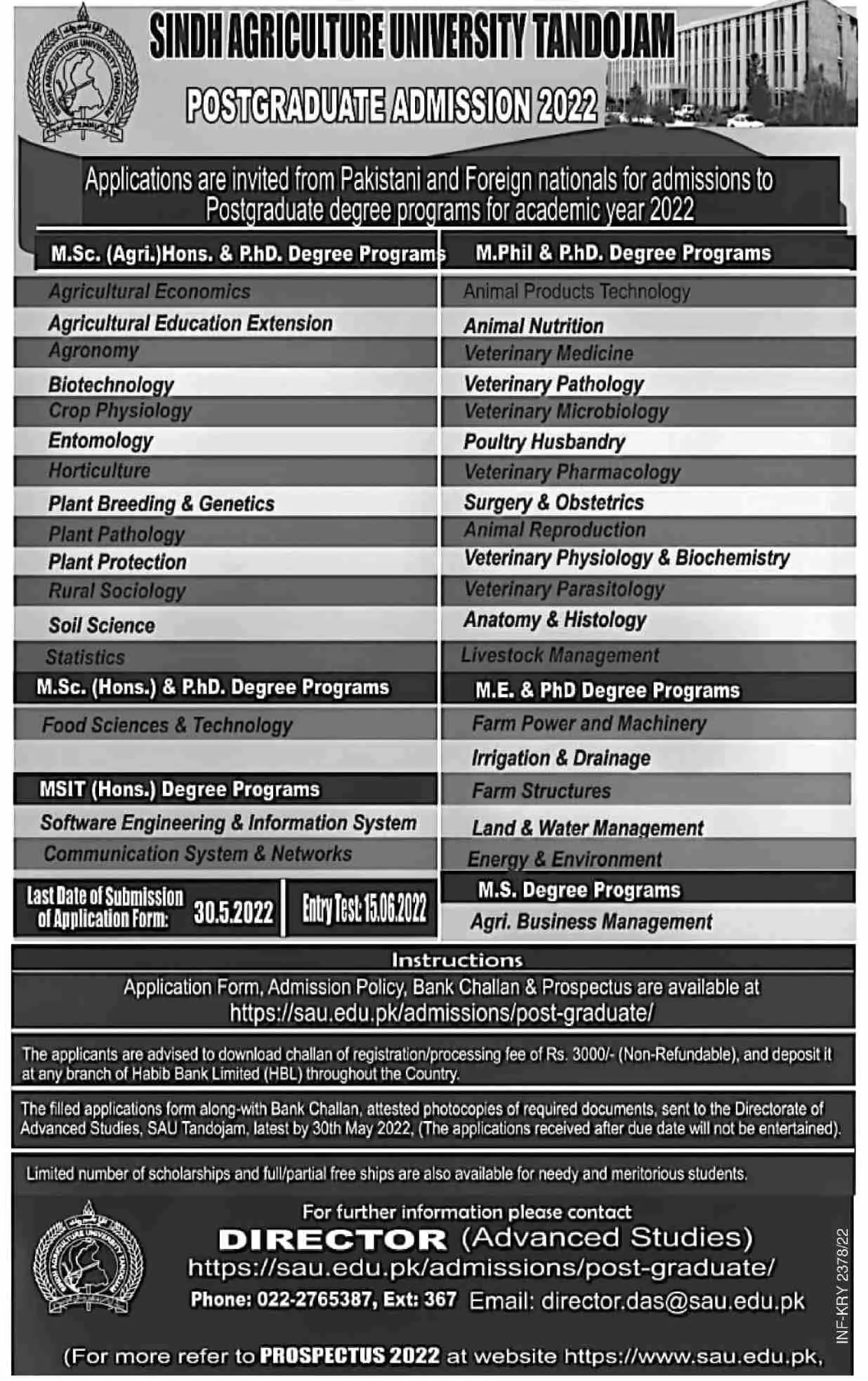 Admission In Sindh Agriculture University, Tandojam – Sindh Agriculture University Tandojam Admissions 2022 — original advertisement