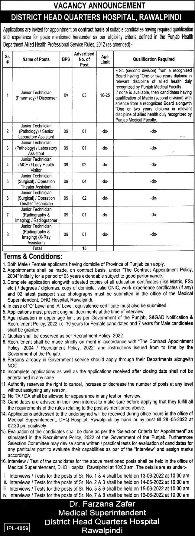 Jobs In District Headquarters Hospital Rawalpindi – Health Department Punjab Jobs 2022 — original advertisement