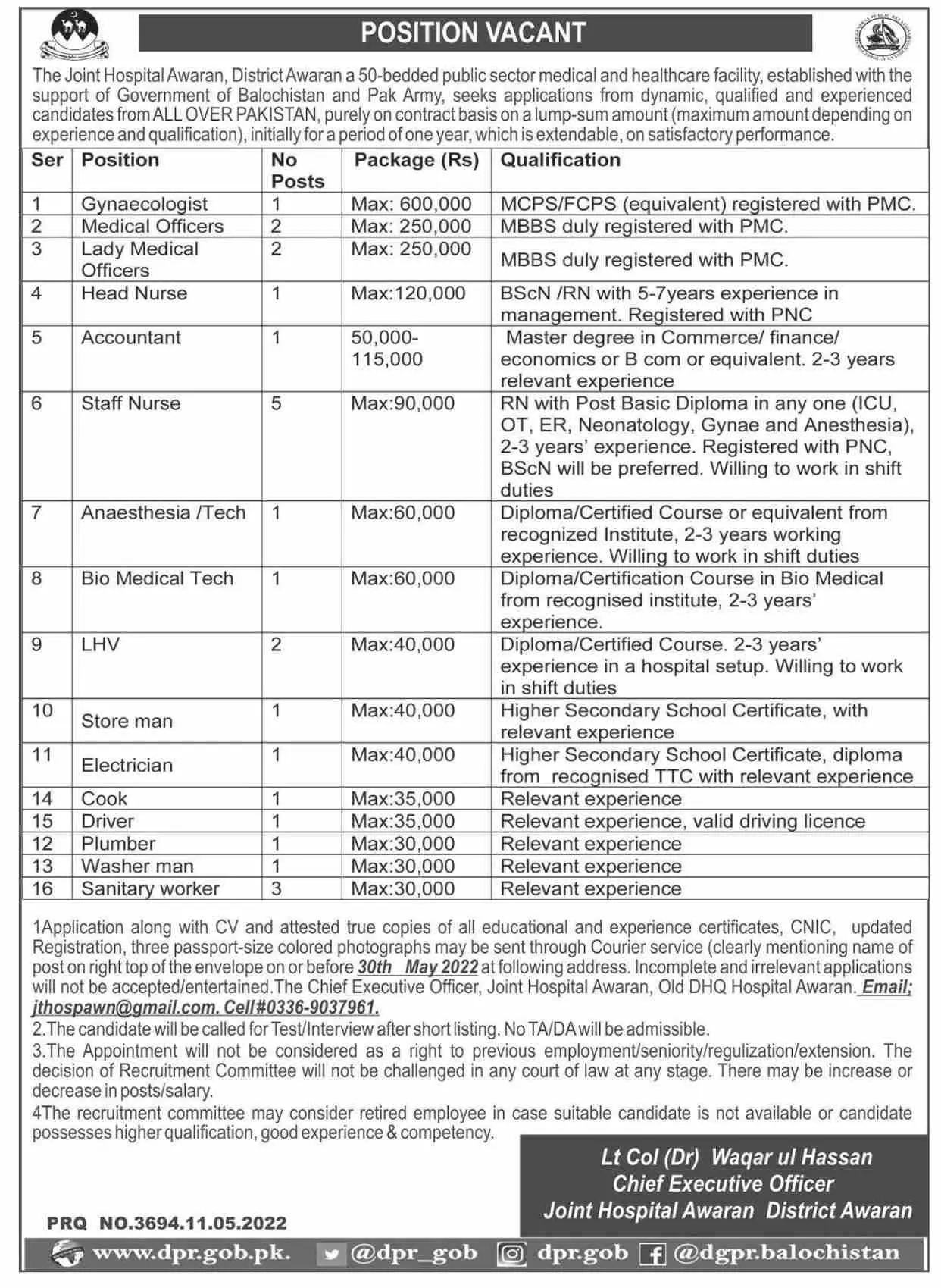 Jobs In Joint hospital Awaran Balochistan – Govt of Balochistan Jobs 2022 — original advertisement