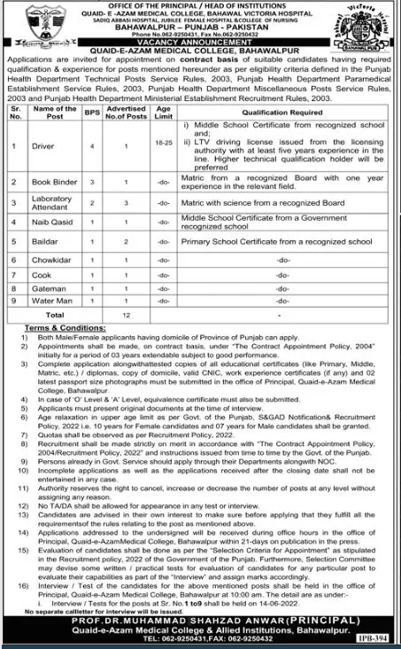 Jobs In Quaid-e-Azam Medical College Bahawalpur Jobs 2022 — original advertisement