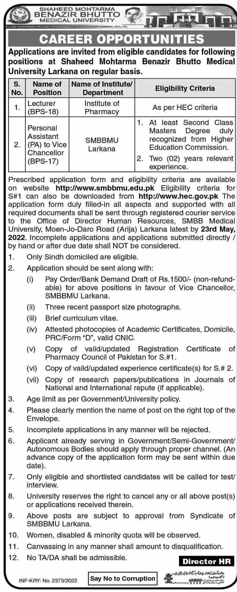 Shaheed Mohtma Benazir Bhutto Medical University Larkana job – Shaheed Mohtarma Benazir Bhutto Medical University Larkana Jobs 2022 — original advertisement