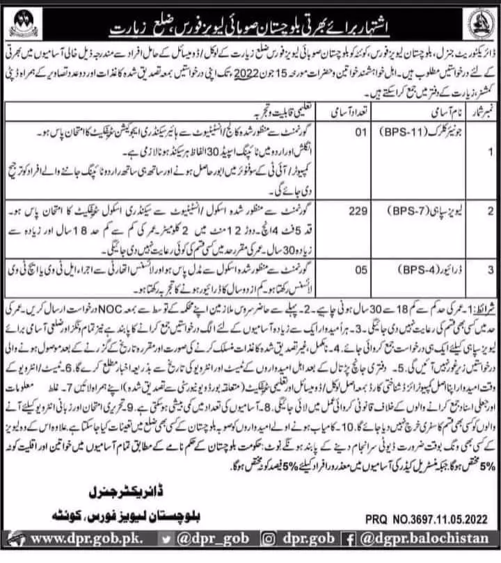 Jobs in Balochistan Levies Force Ziarat Jobs 2022 — original advertisement
