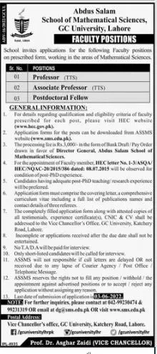 Jobs In GC University of Lahore – Government College University Lahore Jobs 2022 — original advertisement