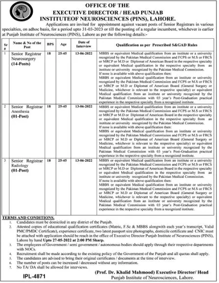 Punjab Institute Of Neuro Sciences Lahore Jobs 2022 – Punjab Institute Of Neurosciences ,Lahore Jobs 2022 — original advertisement