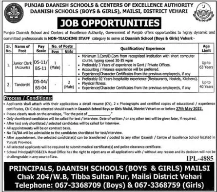 Jobs In Punjab Daanish School & centers of Exellence Authory Jobs 2022 — original advertisement