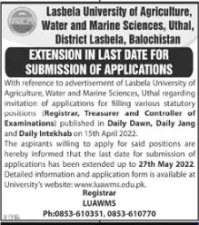 Lasbela University of Agriculture, Water & Marine Jobs – Lasbela University of Agriculture, Water & Marine Sciences (LUAWMS) Uthal Jobs 2022 — original advertisement