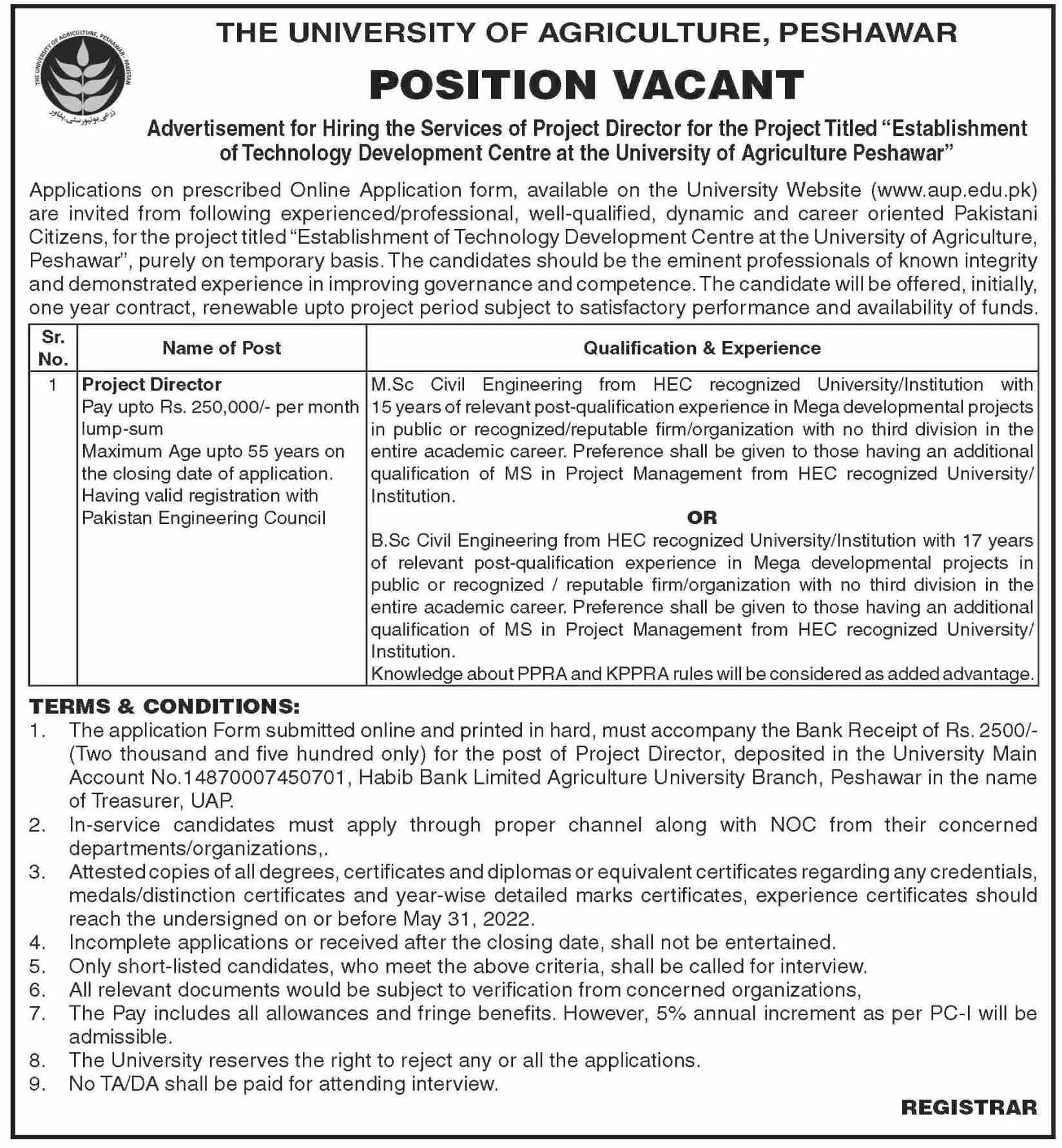 Jobs In University Of Agriculture Peshawar – University of Agriculture, Peshawar Jobs 2022 — original advertisement