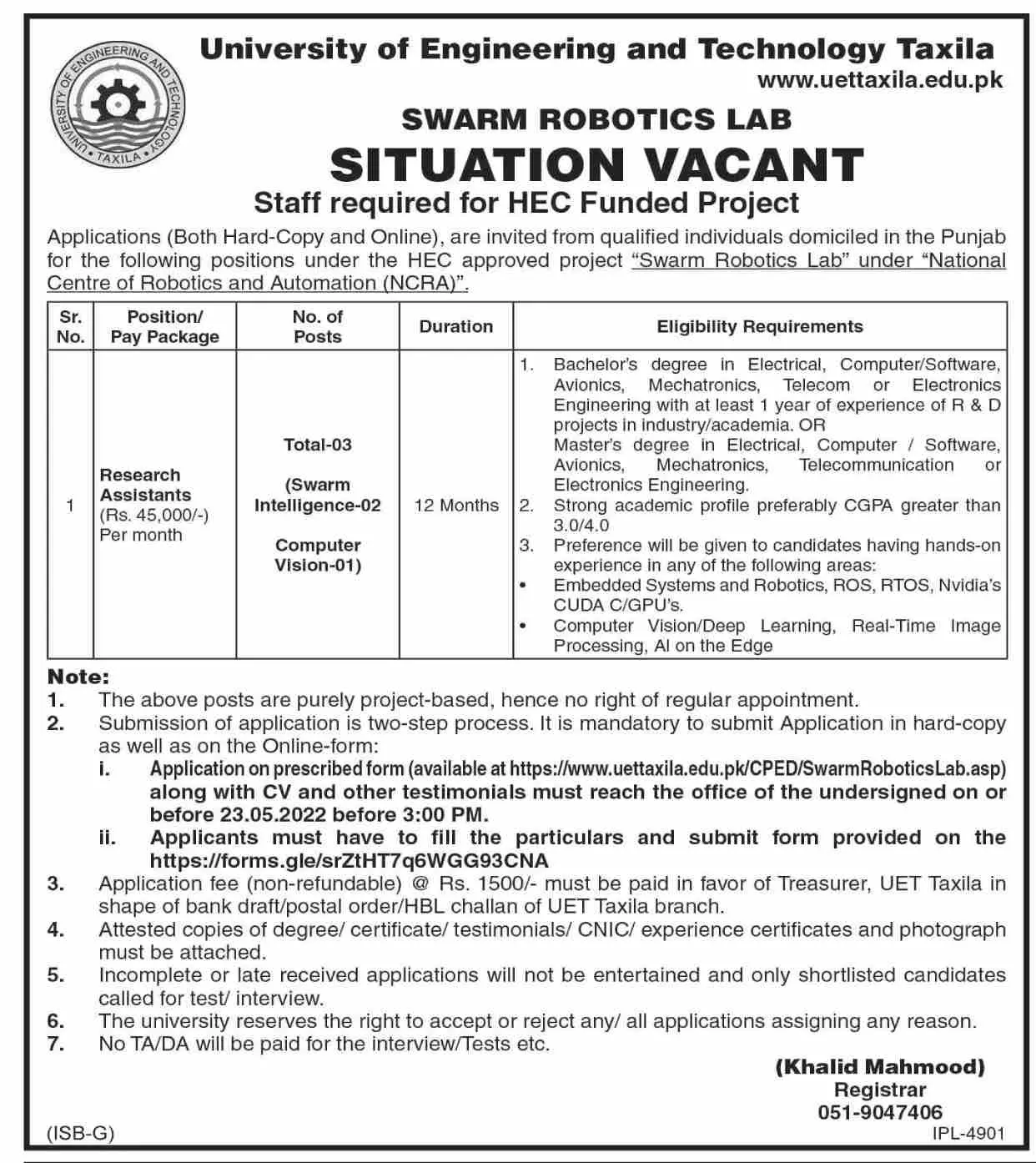 Jobs In University of Engineering and Technology Taxila Jobs 2022 — original advertisement