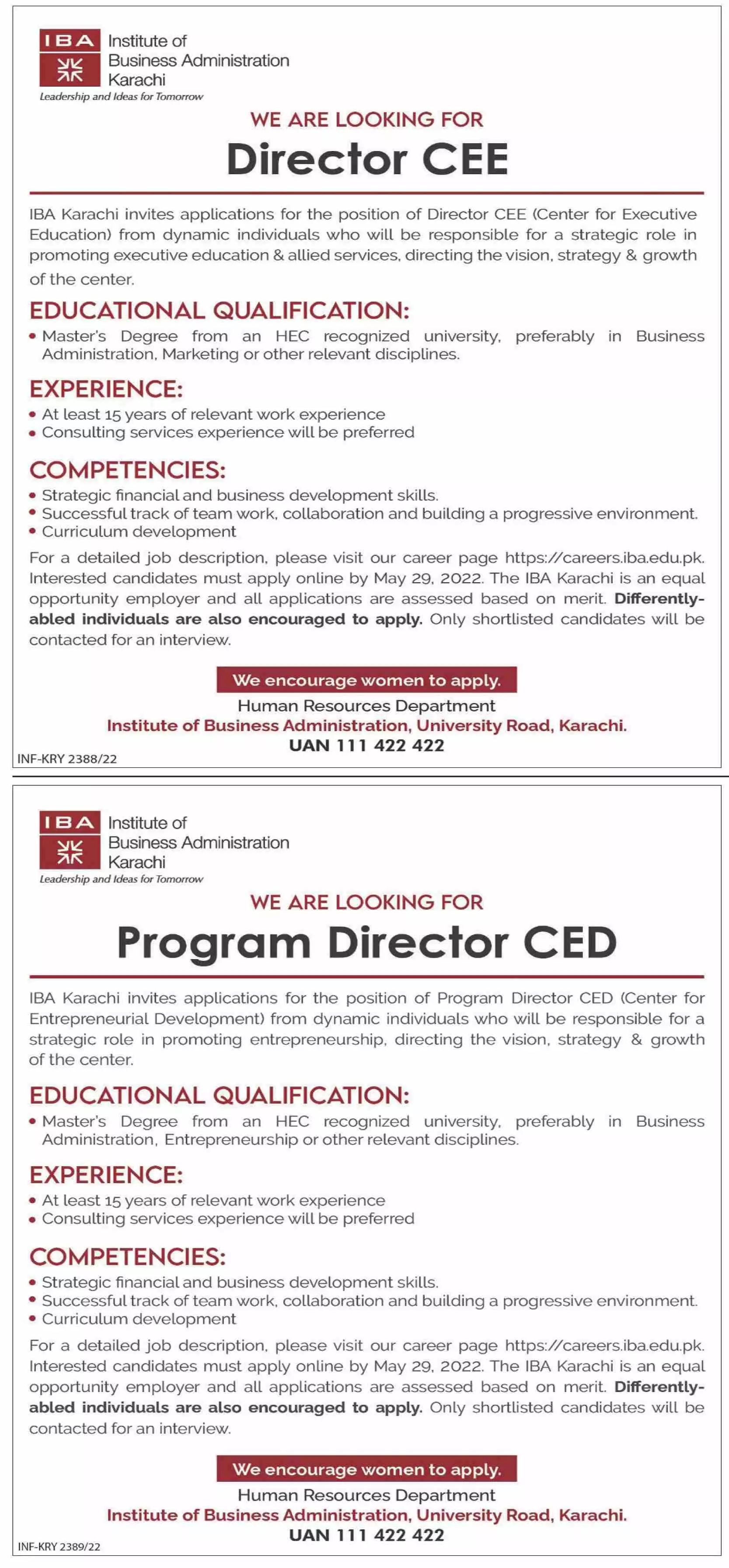 Jobs In Institute Of Business Administration Karachi – IBA Karachi Jobs 2022 — original advertisement
