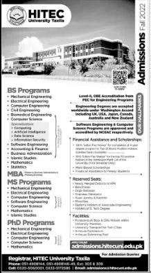 Admission In HITEC University of Taxila – HITEC University Taxila Admissions 2022 — original advertisement